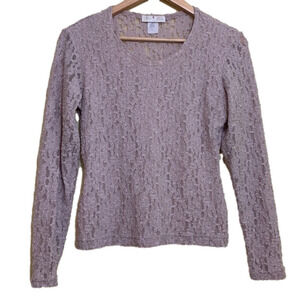 Glu-Glu || Tan Nude Embroidered Floral Lace Sheer Long Sleeve Stretch Top M